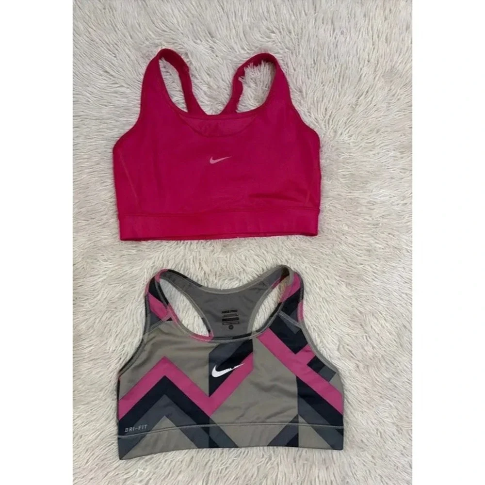 Nike Sports Bra Size M Pink Gray Racerback Dri Fit Swoosh Logo Workout Lot of 2